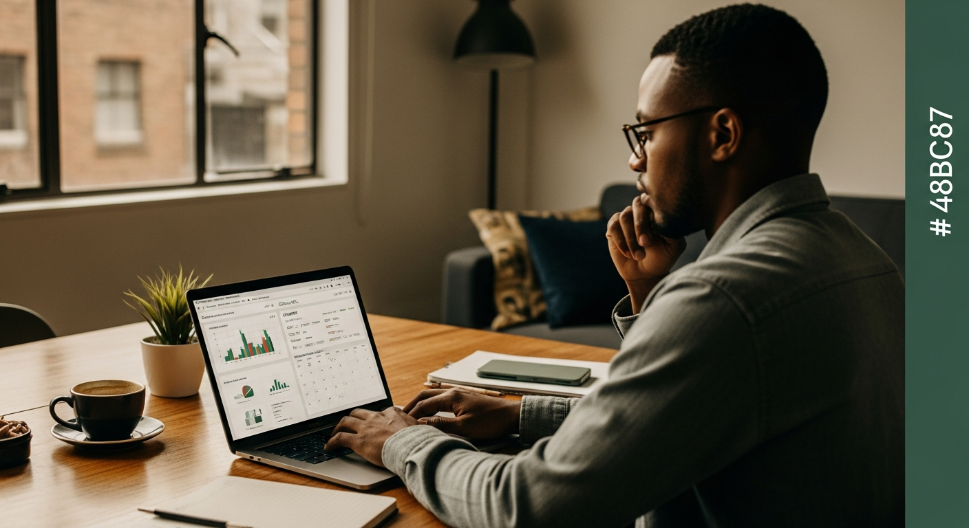South African content marketer working on a laptop showing an analytics and content calendar at a warm wooden table
