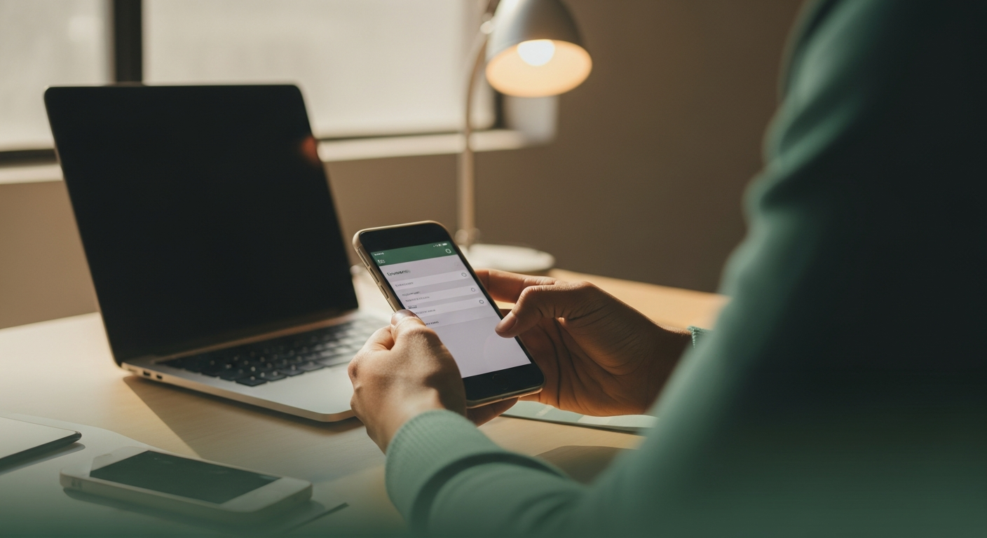 Close-up of a South African developer testing a clean mobile app on a smartphone with a laptop softly out of focus behind