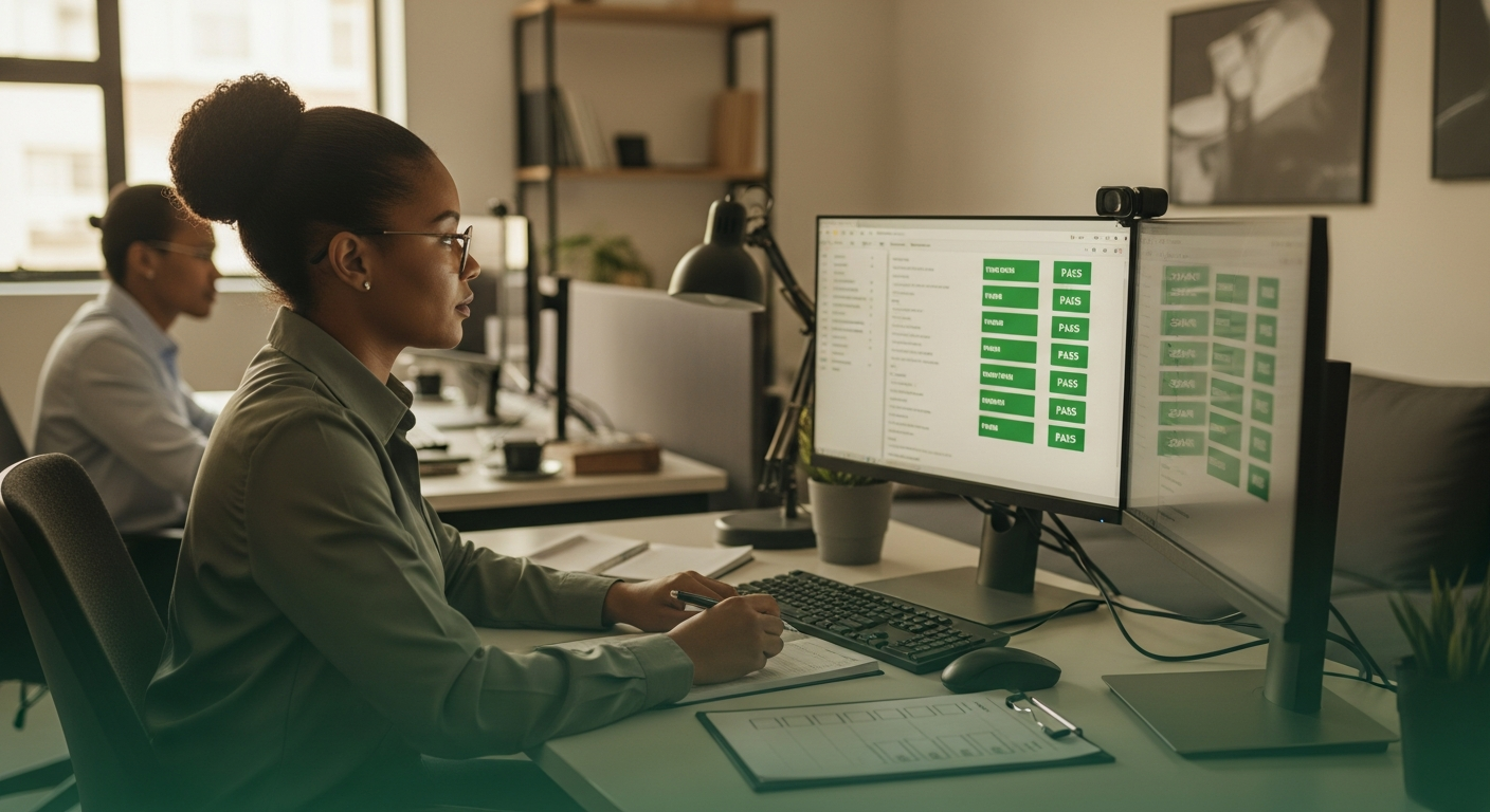 Meticulous South African QA engineer reviewing a test-results dashboard with green pass indicators on a monitor in a clean modern office