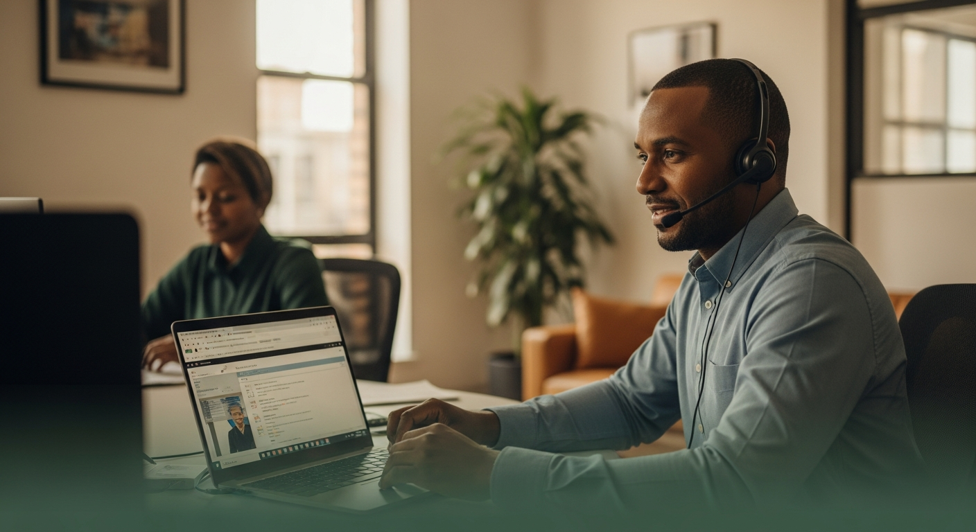 Friendly senior South African support engineer on a headset call with a customer's live system open on the laptop in a warm office