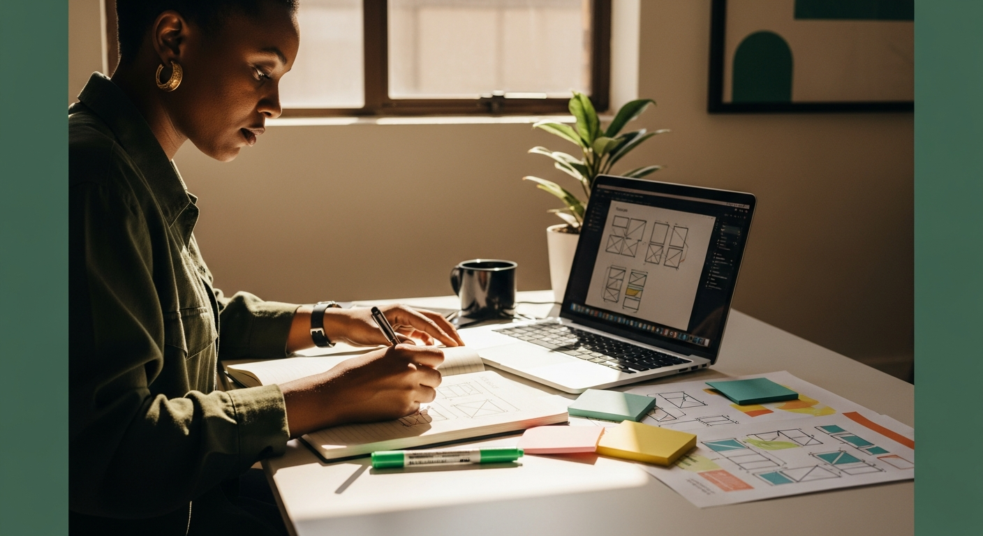South African product designer sketching wireframes beside a laptop running a design tool, with sticky notes and a green marker on the desk