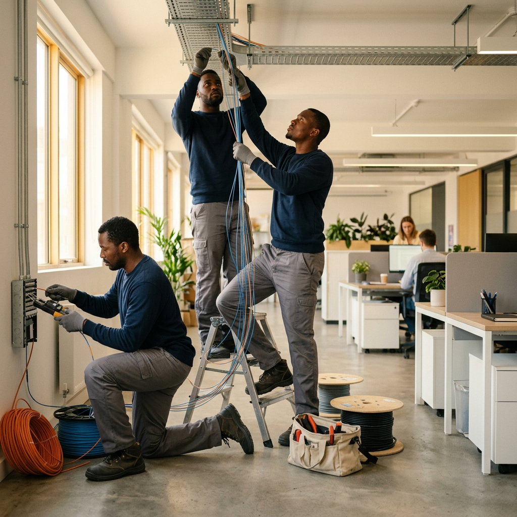 Telecom engineers installing enterprise fibre optic networks