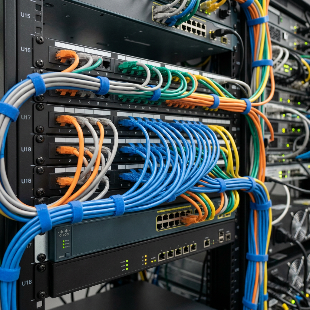 Networking rack with cables for redundant failover routing