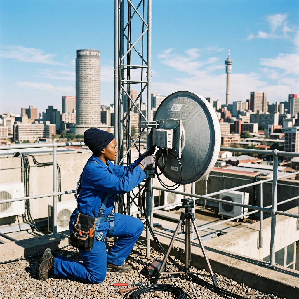 Engineer adjusting a commercial microwave dish