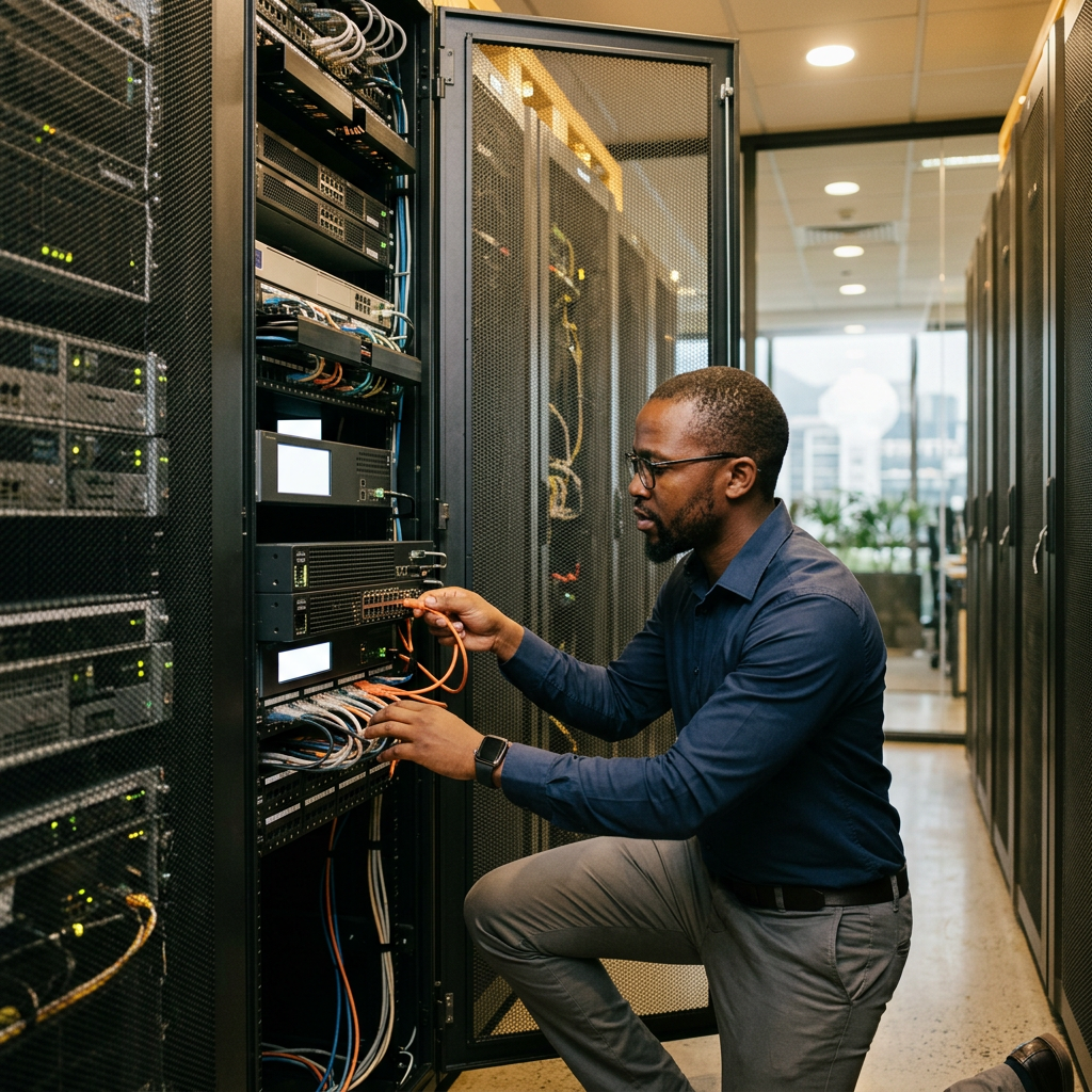IT professional configuring managed SD-WAN network routers