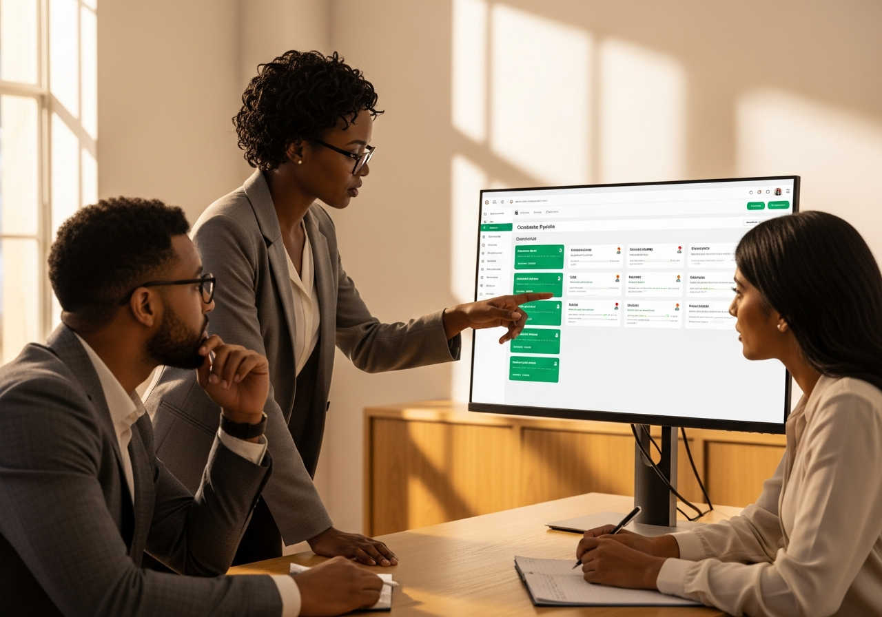 Recruitment team reviewing a candidate pipeline on a large monitor
