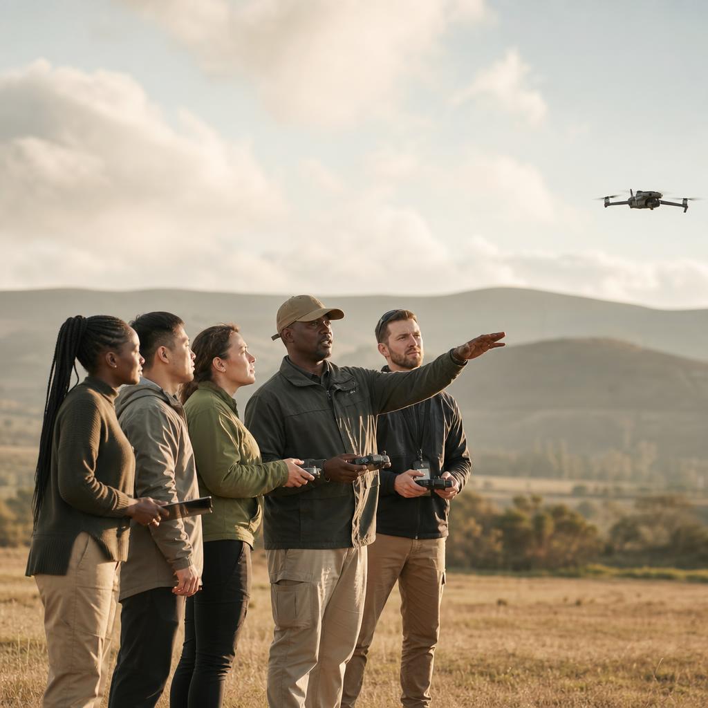 Instructor guiding adult learners during a drone flight training session