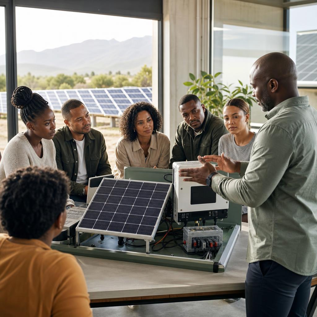 Instructor demonstrating solar energy equipment to adult learners