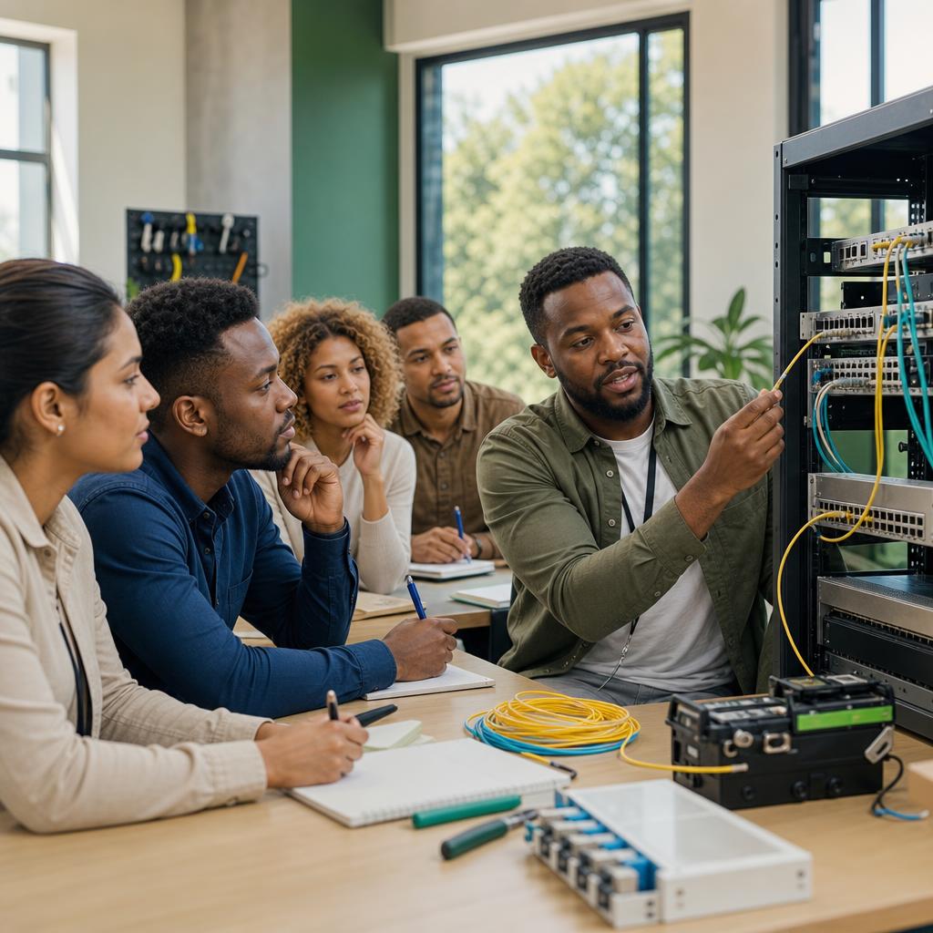 Instructor demonstrating network equipment to adult learners